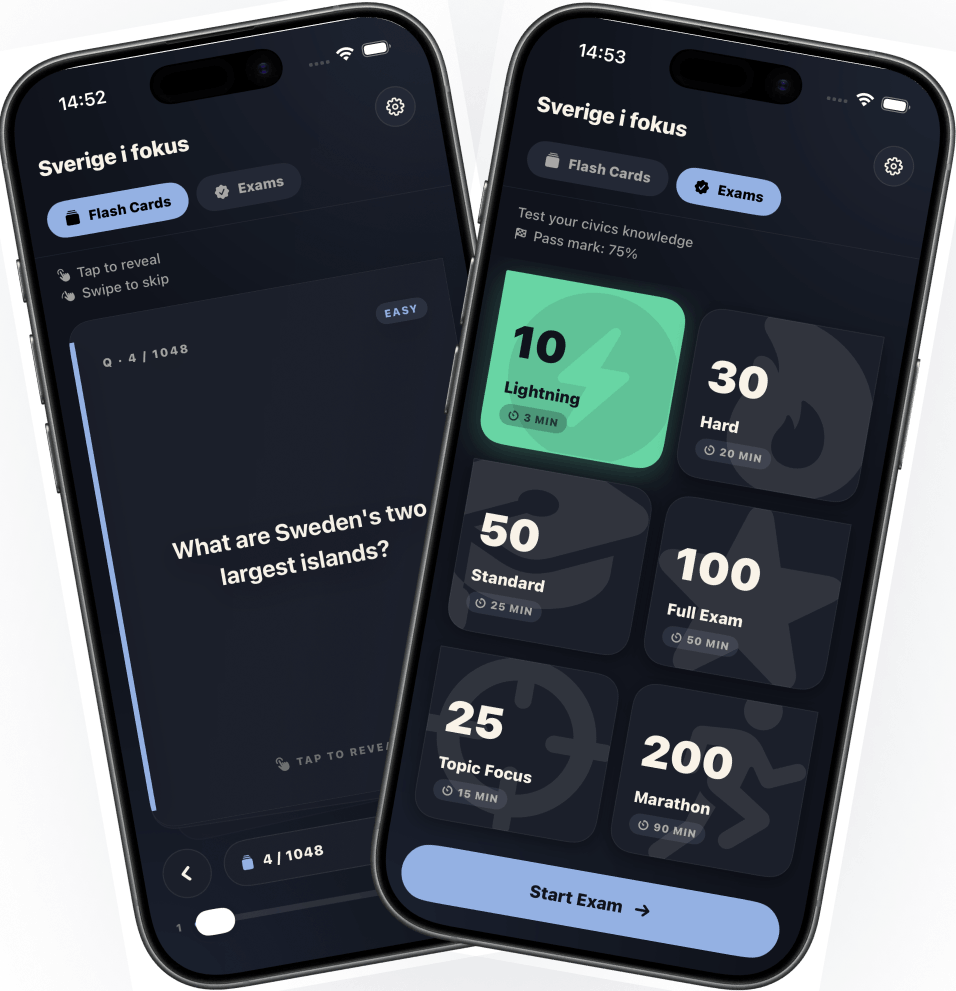 Sverige i fokus app on iPhone — flashcard for the Swedish citizenship test